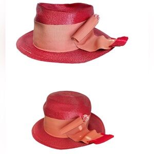 Vintage Mid Century Red Straw Hat Wide Brim Wide Ribbon Band Wear Two Ways Derby